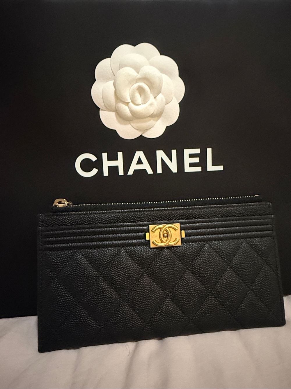 CHANEL Black Quilted Leather Card Holder Clutch with Gold CC Plaque